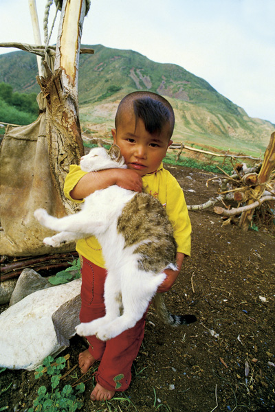 新疆，草原上的蒙古族小孩与猫